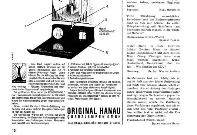Pagina 10 del Der Spiegel (numero 5 del 1969) sulla quale Bolko von der Heyde scrive di non essere mai stato processato per crimini di guerra e contro l'umanità